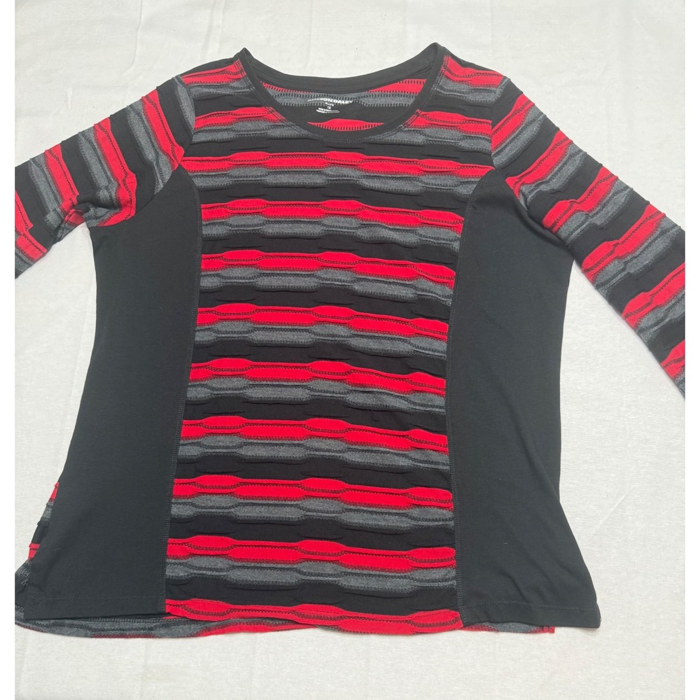 Allison Daley Plus Red Black Textured Stripe 3/4 Sleeve Top 1X Slimming Panels - Picture 6 of 6
